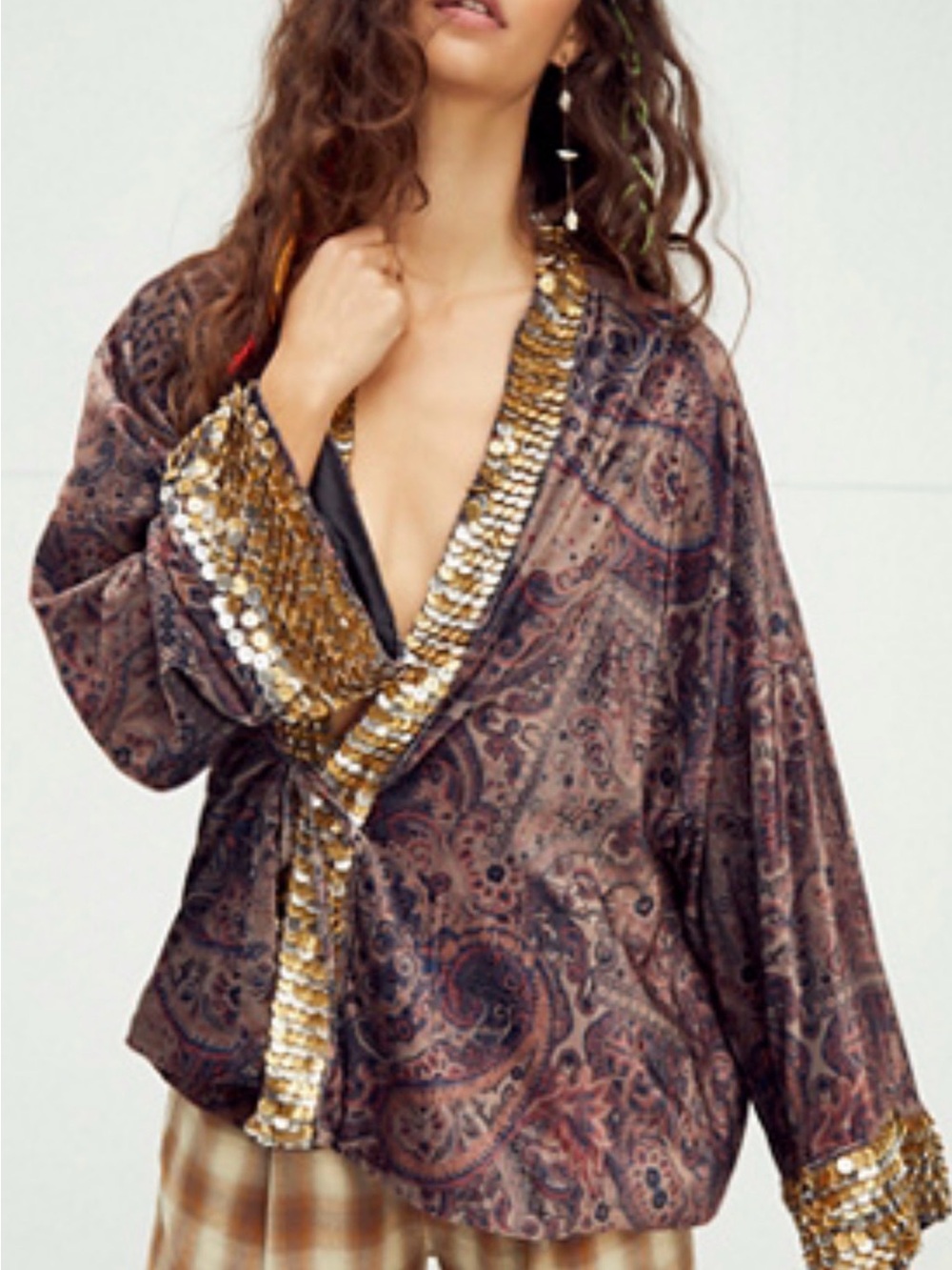 Free People Paisley Satin Kimono Jacket with Gold Sequin Trim - Brown